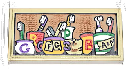 Tile 2 x 4 with Green, Medium Lavender, Silver, Bright Light Orange, Red, Tan, and White Toothbrushes in Jars and Letter G, R, P, C, B, 'F G' and 'A & M' Pattern (Sticker) - Set 76437