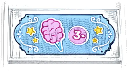 Tile 2 x 4 with Medium Blue Sign with Dark Pink and Bright Pink Cotton Candy and Coin, White Filigree and Number 3, Yellow Stars Pattern (Sticker) - Set 42643