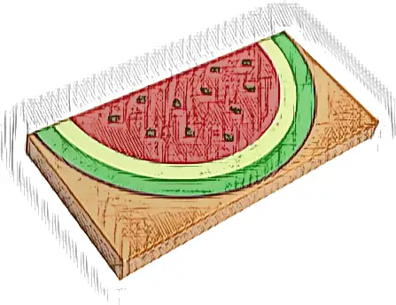 Tile 2 x 4 with Bright Green, Yellowish Green and Red Watermelon Slice with Dark Green Seeds Pattern