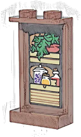 Panel 1 x 2 x 3 with Side Supports - Hollow Studs with Tan Kitchen Cupboard, Green Plant, Red Pot, and Bottles and Jars Pattern (Sticker) - Set 76437