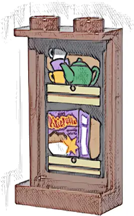 Panel 1 x 2 x 3 with Side Supports - Hollow Studs with Tan Kitchen Cupboard, Green Teapot, Bright Light Orange and White Cups, and Medium Lavender Box of 'Pixie Puffs' Pattern (Sticker) - Set 76437