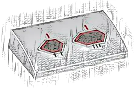 Slope, Curved 2 x 4 x 2/3 with Bottom Tubes with Dark Silver and Red Hexagonal Static Ports Pattern Model Left Side