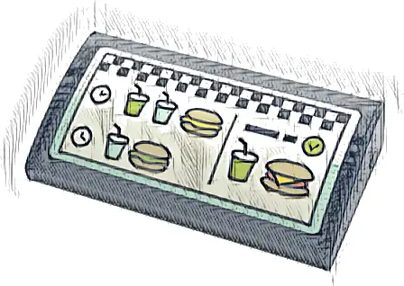 Slope, Curved 2 x 4 x 2/3 with Bottom Tubes with Menu with Drinks, Hamburgers and Checkered Stripe on White Background Pattern (Sticker) - Set 41728