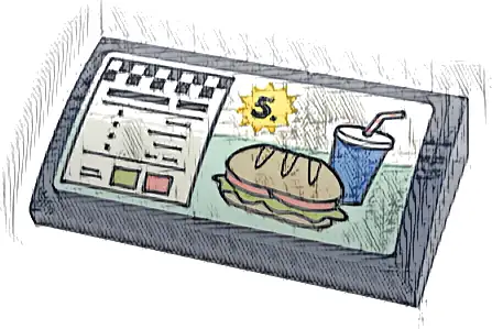 Slope, Curved 2 x 4 x 2/3 with Bottom Tubes with Menu with Drink, Sandwich, '5.' and Checkered Stripe on White Background Pattern (Sticker) - Set 41728