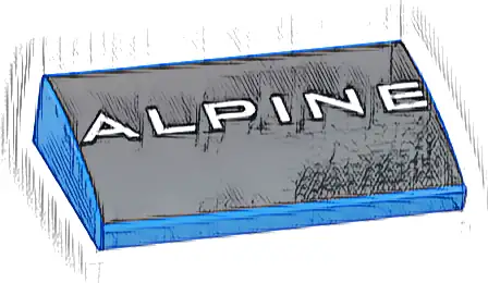 Slope, Curved 2 x 4 x 2/3 with Bottom Tubes with White 'ALPINE' on Black Background Pattern