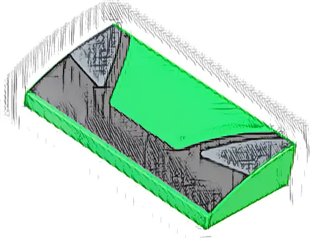 Slope, Curved 2 x 4 x 2/3 with Bottom Tubes with Trapezoid in Center and Dark Silver Triangular Panels on Sides on Black Background Pattern