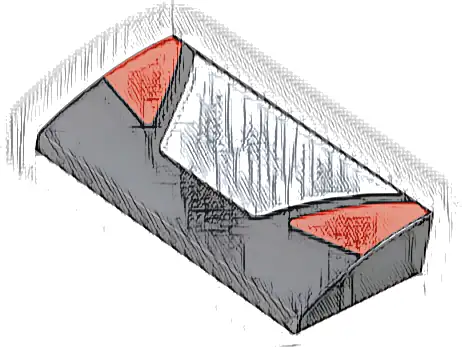 Slope, Curved 2 x 4 x 2/3 with Bottom Tubes with White Trapezoid in Center and Red Triangular Panels on Sides Pattern