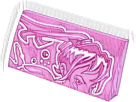 Slope, Curved 2 x 4 x 2/3 with Bottom Tubes with White, Magenta and Bright Pink Female Upper Face, Hair, Curved Lines and Dots Pattern Model Right Side