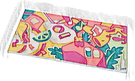 Tile 8 x 16 with Bottom Tubes, Textured Surface with Graffiti Art, Dark Turquoise 'LIANN' and Leaves, Guitar, Yellow Saxophone, Musical Notes, Game Controller Pattern