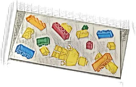 Tile 8 x 16 with Bottom Tubes, Textured Surface with Yellow, Orange, Dark Azure, Red and Bright Green Floating Bricks and Minifigure Pattern