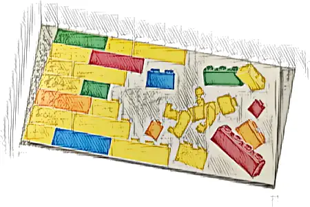 Tile 8 x 16 with Bottom Tubes, Textured Surface with Yellow, Orange, Dark Azure, Red and Bright Green Bricks, Brick Wall and Minifigure Pattern Model Left Side