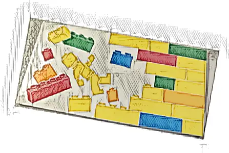 Tile 8 x 16 with Bottom Tubes, Textured Surface with Yellow, Orange, Dark Azure, Red and Bright Green Bricks, Brick Wall and Minifigure Pattern Model Right Side