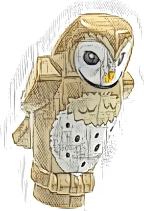 Owl, Angular Features with Bright Light Orange Beak, Black Eyes, and Tan and White Chest Feathers Pattern