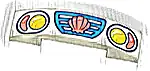 Część LEGO® 93273pb200 Nachylenie, Zaokrąglone 4 x 1 x 2⁄3 Podwójne z Ciemnoazurowym Przodem Samochodu, Koralową Muszlą i Żółtymi oraz Jasnopomarańczowymi Reflektorami, Wzór