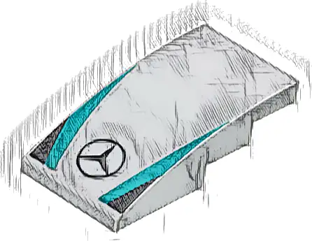 Slope, Curved 4 x 2 with Mercedes Logo, Dark Turquoise Stripes, Black Triangles Pattern