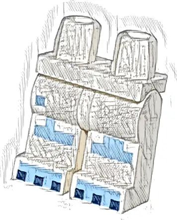 Hips and Legs with Pixelated Bright Light Blue Knee Pads and Feet and Dark Blue Claws Pattern