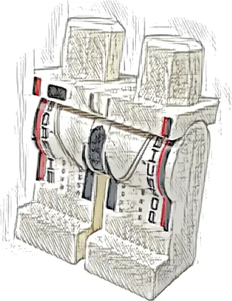 Hips and Legs with 'PORSCHE', Black and Red Stripes, and Silver Lines and Stitching Pattern