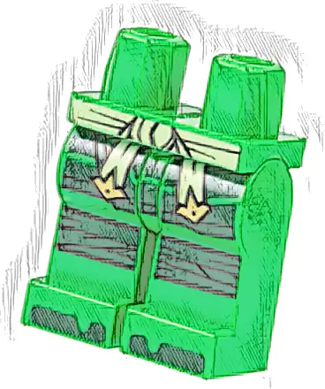 Hips and Legs with Yellowish Green Sash with Gold Ends, Dark Green Skirt, Knee Wrappings, and Toes Pattern