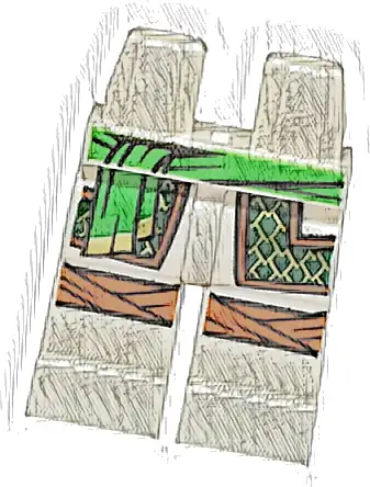 Hips and Legs with Bright Green Sash, Robe Ends with Dark Green and Gold Trim, Dark Orange Knee Wrappings Pattern
