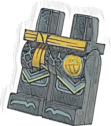 Hips and Legs with Orange Sash, Ninjago Logogram Letter C in Circle, Dark Bluish Gray Robe Ends with Gold Trim, Knee Pads and Toes Pattern