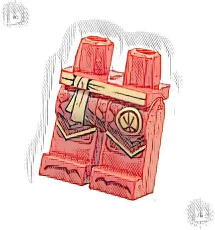 Hips and Legs with Bright Light Yellow Sash, Ninjago Logogram Letter K in Circle, Dark Red Robe Ends with Gold Trim, Knee Pads and Toes Pattern