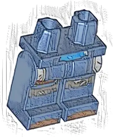 Hips and Legs with SW Mandalorian Blue and Silver Beskar Armor Plates, Dark Silver Knee Pads, Reddish Brown Strap and Shoe Tips Pattern