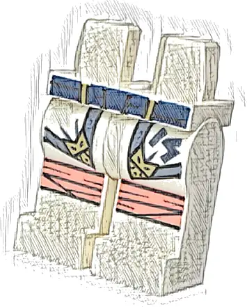 Hips and Legs with Dark Blue Belt, Robe Ends with Sand Blue Hems and Gold Highlights, Ninjago Logogram Letter S, Coral Knee Wrappings Pattern