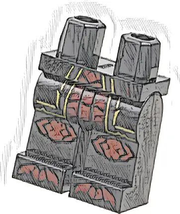 Hips and Legs with Robe Ends with Gold Trim over Dark Red Exoskeleton Segments, Knee Pads, Toes Pattern