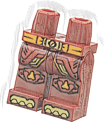 Część LEGO® 970c00pb1723 Biodra i nogi z pomarańczowym pasem i złotą klamrą, czerwonymi panelami pancerza z wykończeniem i nitami, nakolannikami, czubkami butów, wzór