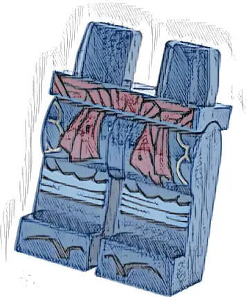 Część LEGO® 970c00pb1728 Biodra i nogi z ciemnoczerwoną szarfą w pasie, złotymi chmurami, piaskowoniebieskimi owijkami kolan i czarnymi czubkami butów, wzór