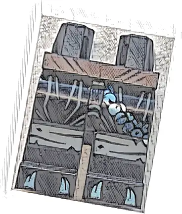 Część LEGO® 970c00pb1734 Biodra i nogi z ciemnobrązową szarfą w pasie, ciemnoszarymi niebieskimi spodnimi marszczeniami i owijkami kolan, metalicznie jasnoniebieskimi koralikami na łańcuchu i kolcami na palcach, wzór