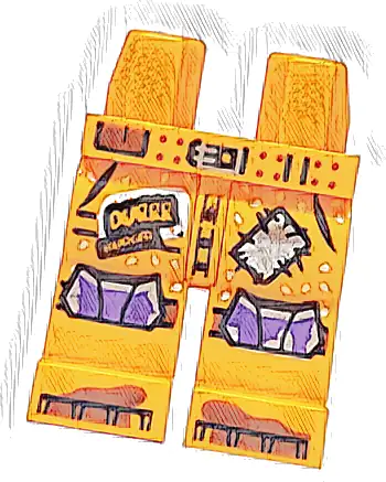 Część LEGO® 970c00pb1766 Biodra i nogi z szlufkami, srebrną klamrą i łatą ze szwami, piaskowe ziarna sezamu, 'DURR BURGER' z czarnym obrysem, ciemnofioletowe kolana, czerwonobrązowe plamy błota na stopach, wzór