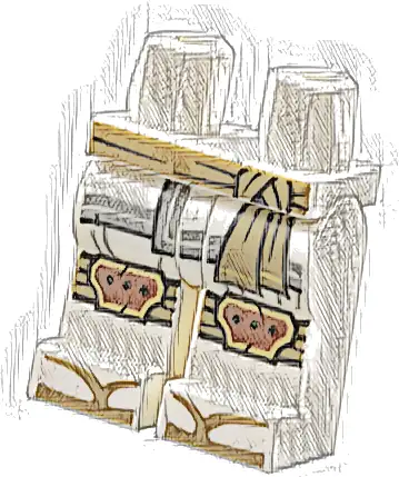 Część LEGO® 970c00pb1779 Biodra i nogi z ciemnopisakową szarfą, owijkami na kolanach i sandałami, zakończenia szaty z jasnoszarymi niebieskimi obszyciami, czerwonobrązowymi nakolannikami i złotym wykończeniem, wzór