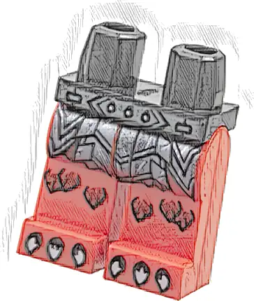 Hips and Red Legs with Dark Silver Belt with Rivets, Segmented Armor with Sharp Plates and Scratches, Dark Red Scales, Silver Claws Pattern