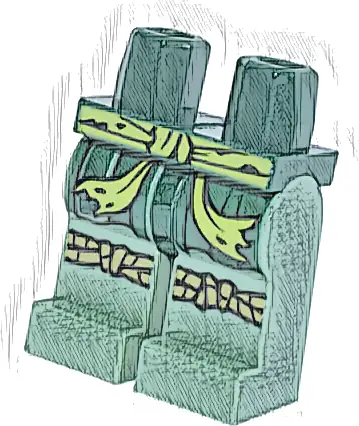 Część LEGO® 970c48pb03 Biodra i piaskowozielone nogi z limonkową postrzępioną szarfą biodrową, ciemnozielonymi zakończeniami szaty, oliwkowozielonymi owijkami na kolana, wzór