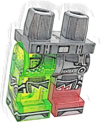 Hips and 1 Flat Silver Left Leg, 1 Trans-Bright Green Right Leg with Molded Red Lower Leg / Boot Left and Printed Belt and Straps with Silver Buckles, Pocket, Black Shapes, Shoe Tips Pattern