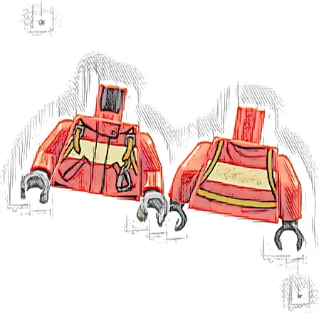 Torso Fire Suit with Stripe and Harness with Carabiner Pattern / Red Arms / Dark Bluish Gray Hands