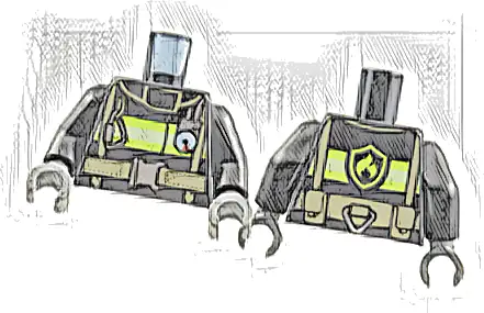 Torso Fire Uniform Jacket with Reflective Stripes and Logo on Back, Dark Tan Utility Belt and Straps, Silver Buckle, Caribiner, and Gauge Pattern / Black Arms / Dark Bluish Gray Hands