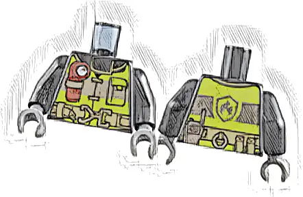 Torso Fire Reflective Stripes with Utility Belt and Flashlight Front, Fire Badge on Back Pattern / Black Arms / Dark Bluish Gray Hands