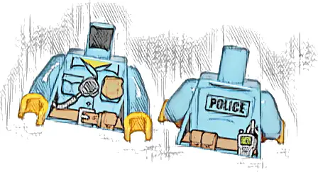 Torso Police Female Shirt with Gold Badge, Dark Tan Belt with Pocket and 'POLICE' and Radio on Back Pattern / Bright Light Blue Arms / Yellow Hands