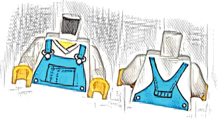 Torso V-Neck Shirt with Blue Overalls, Dotted Horizontal Line on Front Pocket - Printed Back Pattern / White Arms / Yellow Hands