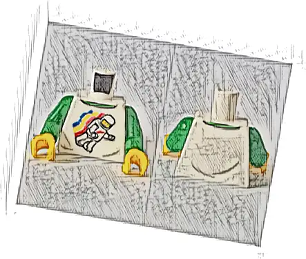 Torso Classic Space Minifigure Floating with Light Bluish Gray Wrinkles and Back Print Pattern / Green Arms / Yellow Hands