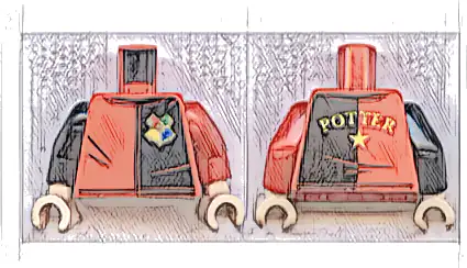 Torso Black and Red Shirt with Hogwarts Emblem and 'POTTER' on Back Pattern / Red Arm Left / Black Arm Right / Light Nougat Hands