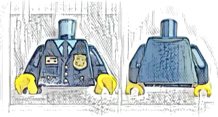 Torso Police Suit with Tie and Pockets, Gold Star Badge Logo and Buttons, Light Blue Undershirt Pattern / Dark Blue Arms / Yellow Hands