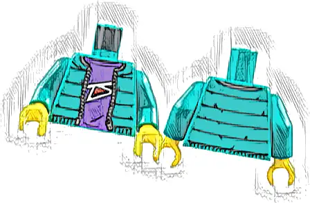 Torso Jacket with Zipper, Dark Purple Shirt with White and Red Abstract Pattern / Dark Turquoise Arms / Yellow Hands