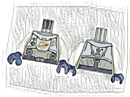 Torso Spacesuit with Gold Lines, Dark Blue Harness with Silver Buckles, and White Panel with Classic Space Logo Pattern / White Arms / Dark Blue Hands