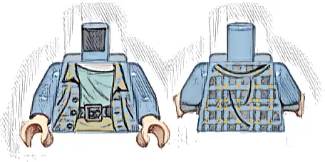 Torso Plaid Jacket Open with Buttons and Dark Bluish Gray and Dark Tan Squares over Sand Green Shirt, Black Belt with Silver Buckle, Light Nougat Neck Pattern / Sand Blue Arms / Light Nougat Hands