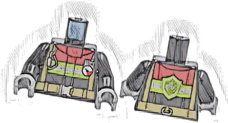 Torso Fire Jacket with Red Collar, Silver and Lime Reflective Stripes, Dark Tan Harness and Belt, Carabiner, and Gauge Pattern / Black Arms / Dark Bluish Gray Hands