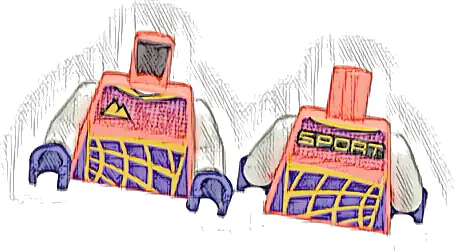 Torso Racing Suit, Bright Light Orange Mountains Logo, Dark Purple Dots and Panels, 'SPORT' on Back Pattern / White Arms / Dark Purple Hands