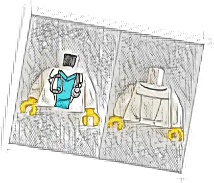 Torso Hospital Lab Coat over Medium Azure Scrubs, Silver Stethoscope Pattern / White Arms / Yellow Hands